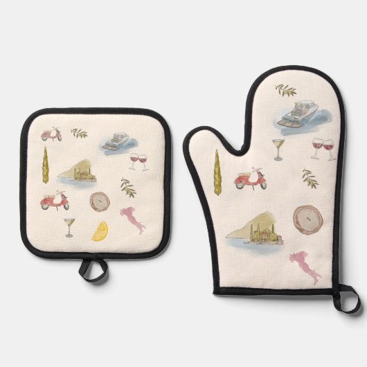 Comomeer Italië Waterverf Ovenwant & Pannenlap Set (Voorkant)