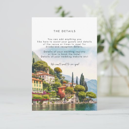 Comomeer Italië zomer bruiloft informatie kaart (Staand voorkant)