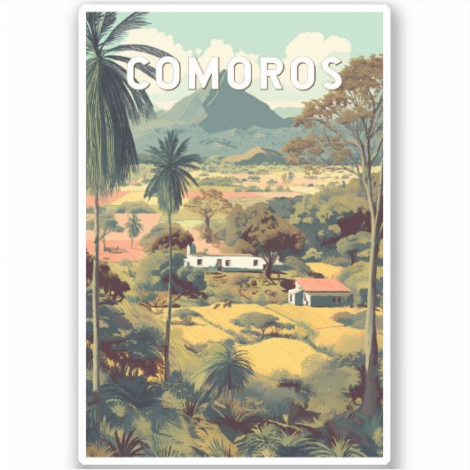 Comoren Illustratie Reis Kunst Vintage Sticker (Voorkant)