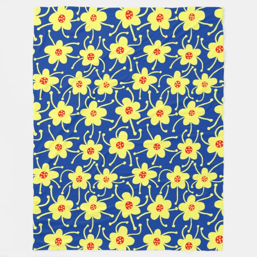 Compacte bloemen - Geel en Rood op Navy Blue Fleece Deken (Voorkant)