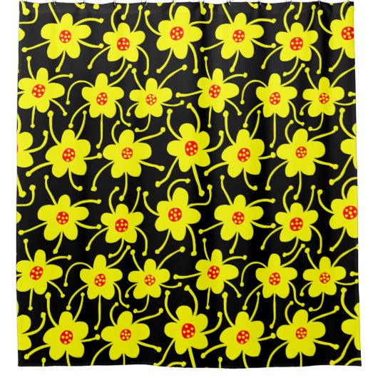 Compacte bloemen - Geel en Rood op zwart Douchegordijn (Voorkant)