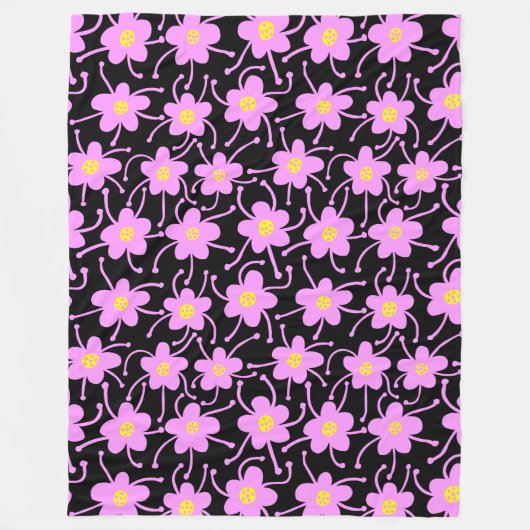 Compacte bloemen - Licht Violet en Geel op Blk Fleece Deken (Voorkant)