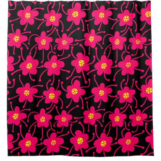 Compacte bloemen - Neon Red en Geel op zwart Douchegordijn (Voorkant)
