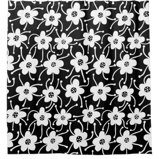 Compacte bloemen - zwart en wit op zwart douchegordijn (Voorkant)