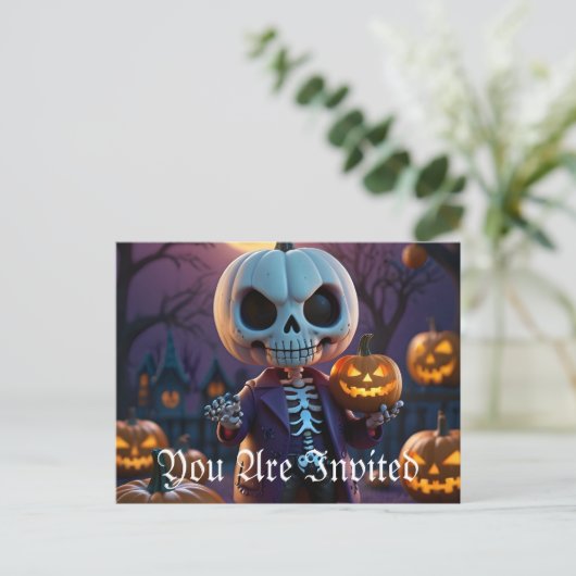 Companion van pompoenpatch skelet uitnodiging briefkaart (Staand voorkant)