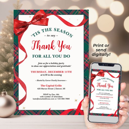 Company Holiday Party Invitation - Thank You Bow Kaart