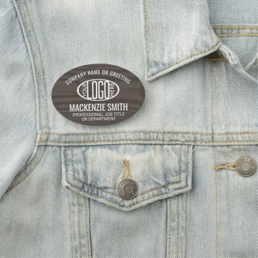 Company Logo Employee ID Brown Faux Wood Oval Naamplaatje (In situ)