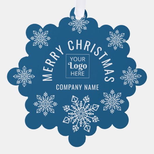Company Logo Name Snowflake Merry Christmas Blue Ornament Kaart (Voorkant)
