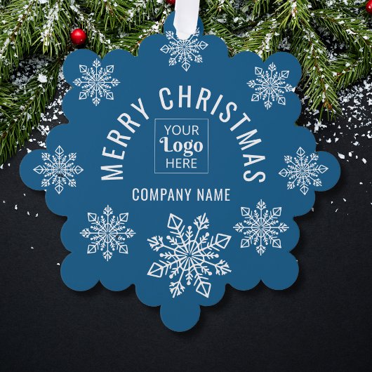 Company Logo Name Snowflake Merry Christmas Blue Ornament Kaart