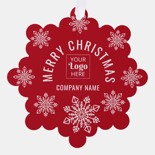 Company Logo Name Snowflake Merry Christmas Red Ornament Kaart (Voorkant)