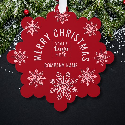 Company Logo Name Snowflake Merry Christmas Red Ornament Kaart