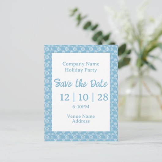 Company Name Holiday Party Save The Date Snowflake Uitnodiging Briefkaart (Staand voorkant)