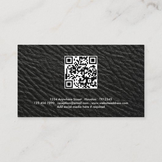 Company Name Logo QR Code Black Faux leather Visitekaartje (Achterkant)