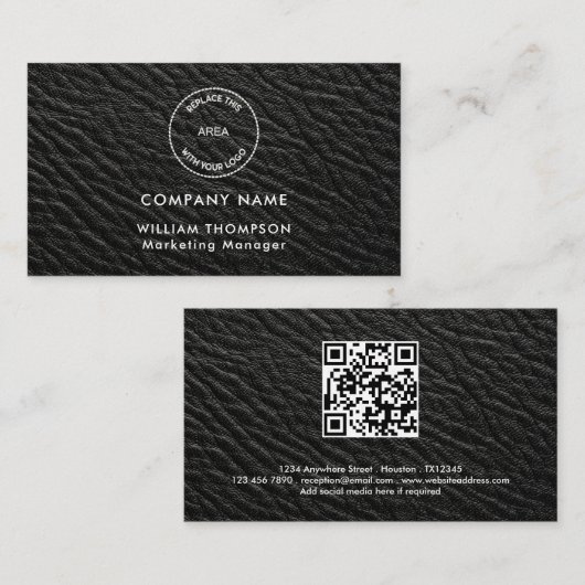 Company Name Logo QR Code Black Faux leather Visitekaartje (Voorkant / Achterkant)