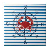 Compass and Crab Blue and White Stripe Tile Tegeltje (Voorkant)