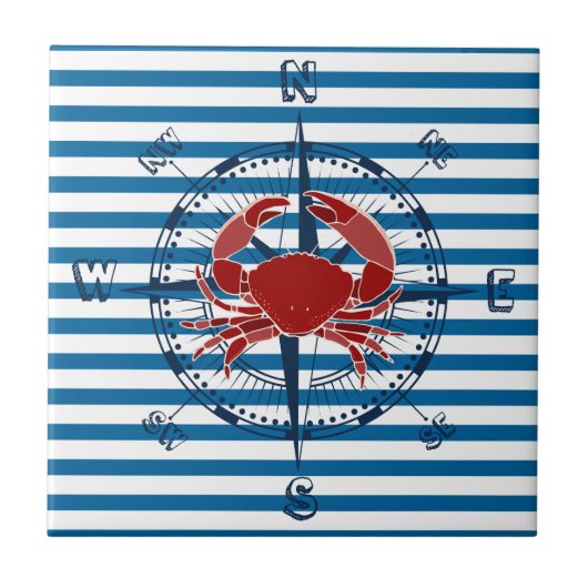 Compass and Crab Blue and White Stripe Tile Tegeltje (Voorkant)