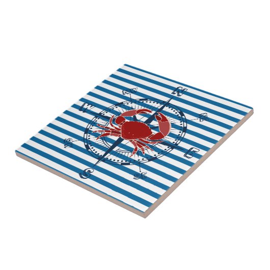 Compass and Crab Blue and White Stripe Tile Tegeltje (Zijkant)