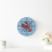 Compass and Lobster Blue and White Stripe Clock Ronde Klok (Huis)