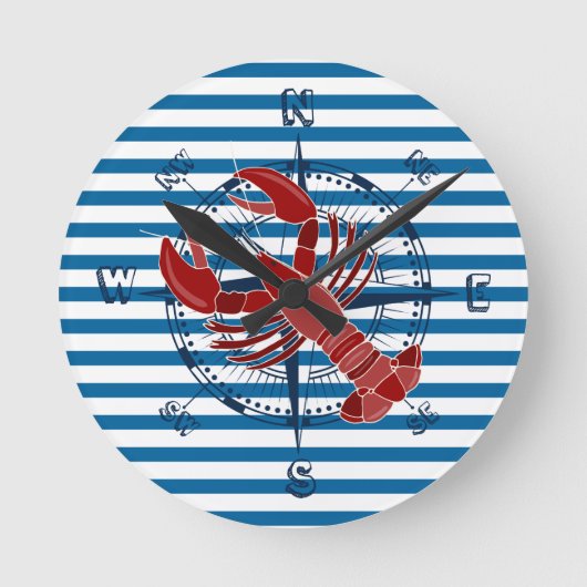 Compass and Lobster Blue and White Stripe Clock Ronde Klok (Voorkant)