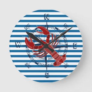 Compass and Lobster Blue and White Stripe Clock Ronde Klok