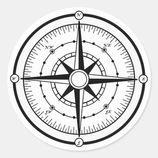 Compass BW Ronde Sticker (Voorkant)