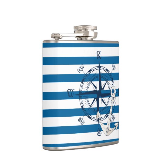 Compass en Anchor Blue en White Stripe Flask Heupfles (Rechts)