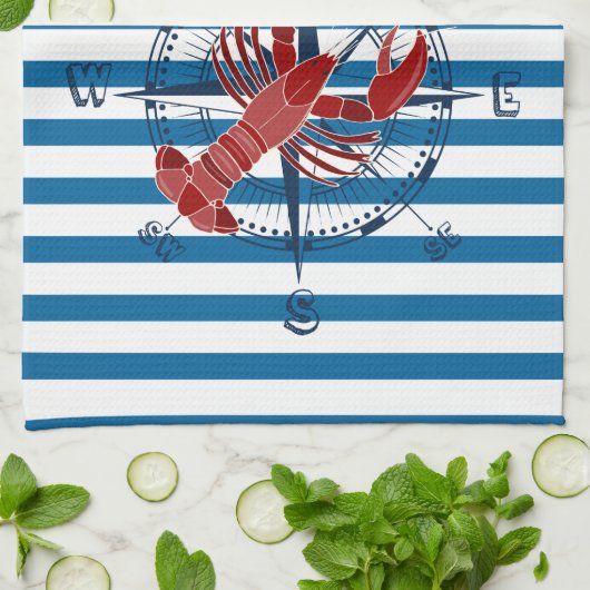 Compass en Lobster Blue en White Stripe Towel Theedoek (Gevouwen)