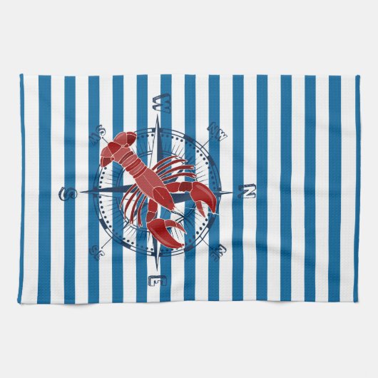 Compass en Lobster Blue en White Stripe Towel Theedoek (Horizontaal)