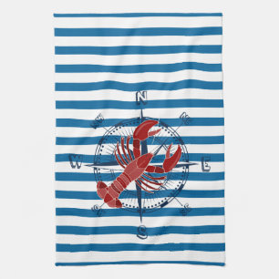 Compass en Lobster Blue en White Stripe Towel Theedoek