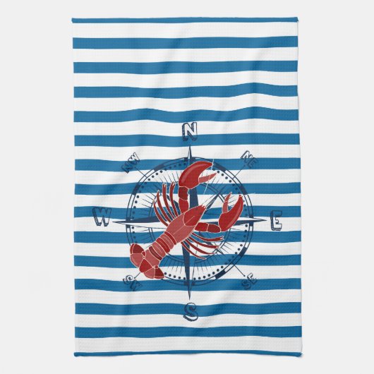 Compass en Lobster Blue en White Stripe Towel Theedoek (Verticaal)