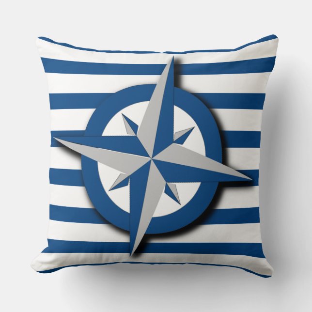 Compass en Stripes Patroon Nautical Geïnspireerd Kussen (Voorkant)