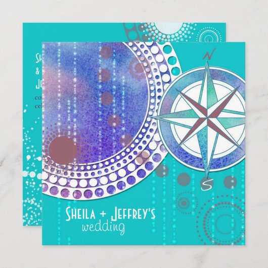Compass & Geometric Shapes Aqua Wedding Kaart (Voorkant / Achterkant)