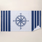 Compass on White met Blue Stripes Strandlaken (Voorkant)