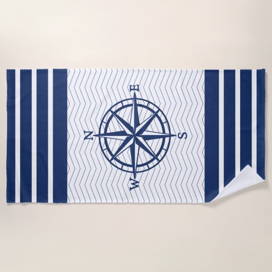 Compass on White met Blue Stripes Strandlaken (Voorkant)