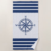 Compass on White met Blue Stripes Strandlaken (Voorkant)