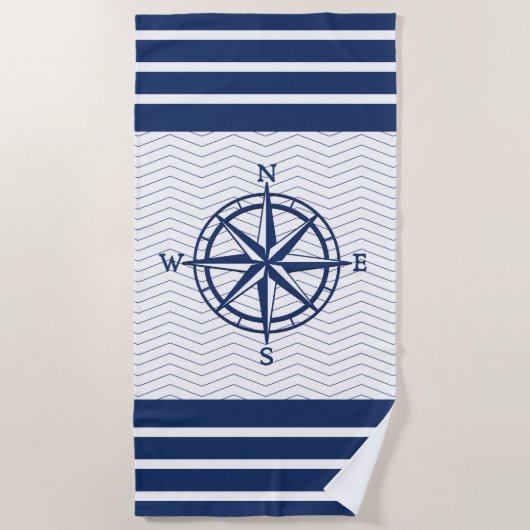 Compass on White met Blue Stripes Strandlaken (Voorkant)