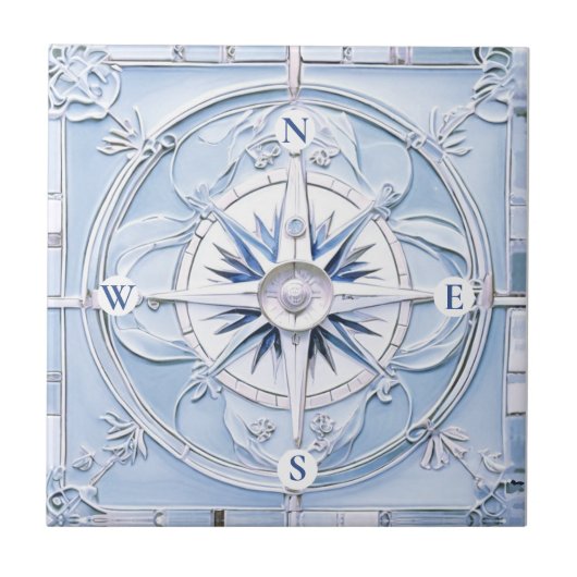 Compass Roos Art Nouveau Faux Relief Blue Nautical Tegeltje (Voorkant)