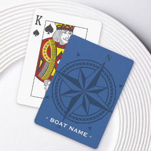 Compass roos en aangepaste bootnaam blauw pokerkaarten