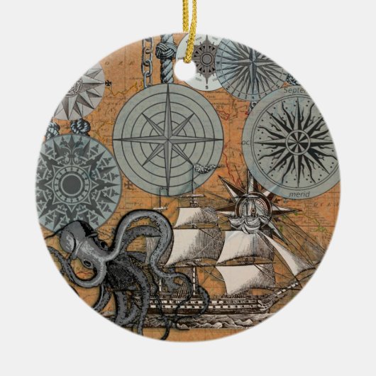 Compass Roos  Nautical Octopus Keramisch Ornament (Voorkant)