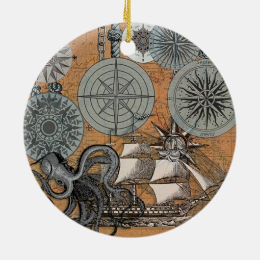 Compass Roos  Nautical Octopus Keramisch Ornament (Achterkant)