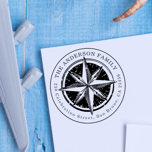  Compass Round Family Name & Return-adres Rubberstempel