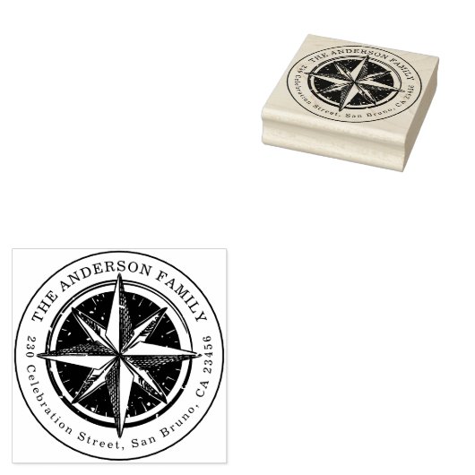  Compass Round Family Name & Return-adres Rubberstempel (Gestempeld)