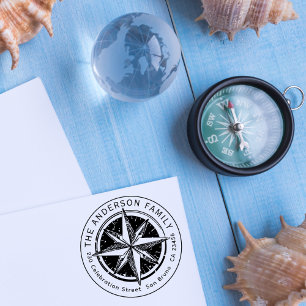  Compass Round Family Name & Return-adres Zelfinktende Stempel
