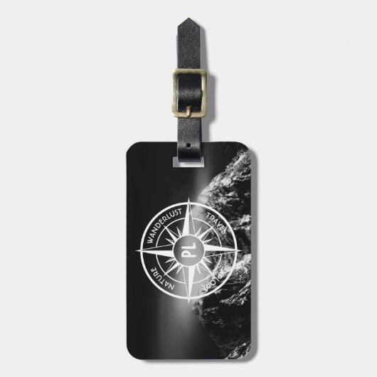 Compass star embleem monogram dramatische bergen bagagelabel (Voorkant verticaal)