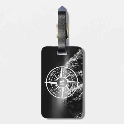 Compass star embleem monogram dramatische bergen bagagelabel (Achterkant verticaal)