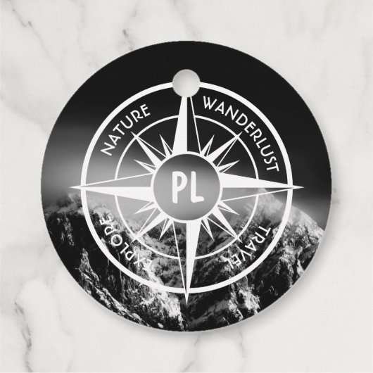 Compass star embleem monogram dramatische bergen bedankjes labels (Achterkant)