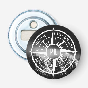 Compass star embleem monogram dramatische bergen button flesopener