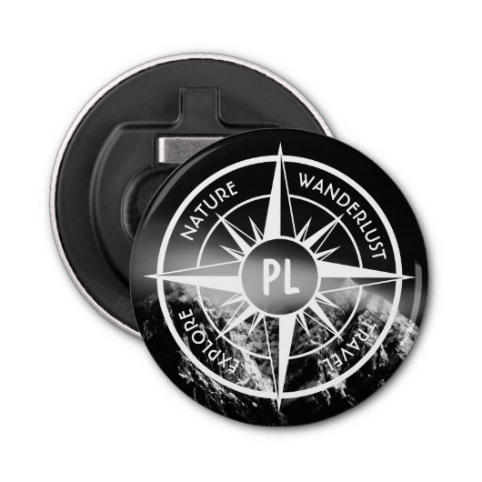 Compass star embleem monogram dramatische bergen button flesopener (Voorkant)