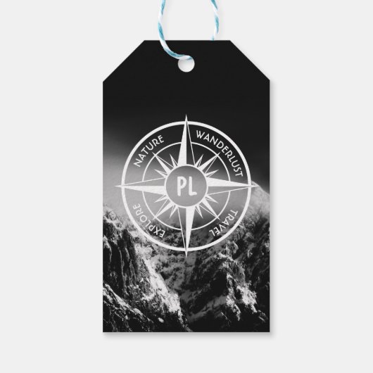 Compass star embleem monogram dramatische bergen cadeaulabel (Achterkant)