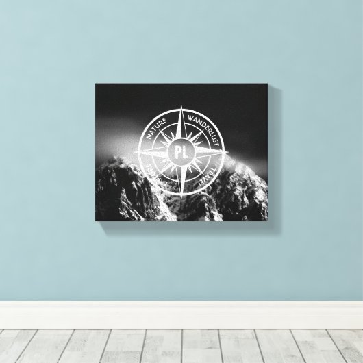 Compass star embleem monogram dramatische bergen canvas afdruk (Insitu (Houten vloer))